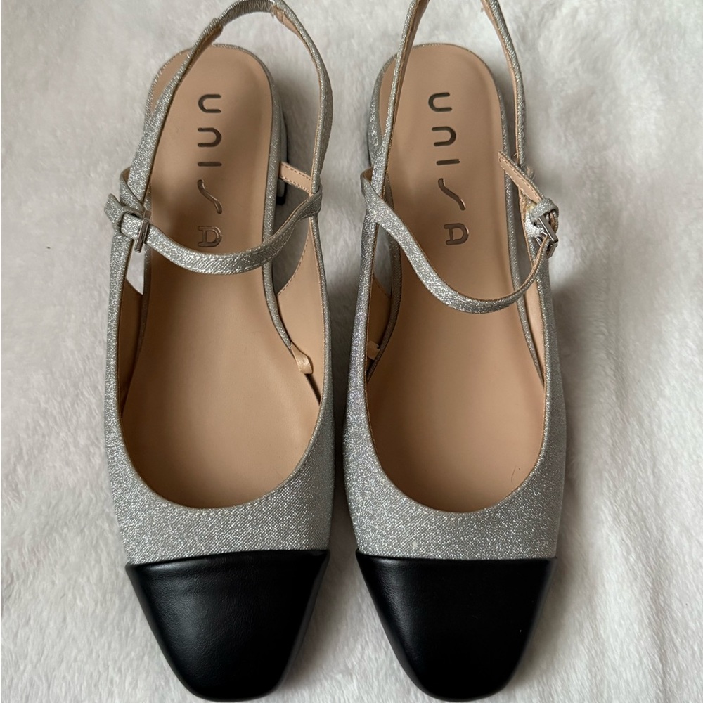 Unisa Silver and Black Slingback Flats